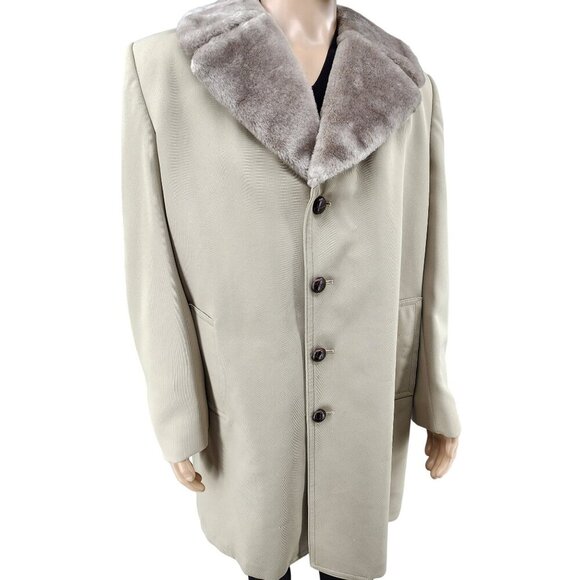 Vintage London Fog Mens Beige Overcoat With Faux Fur, Men's 44L - Picture 2 of 12